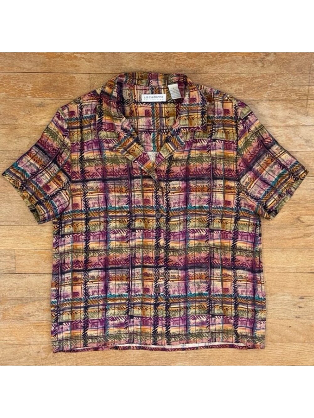 Vintage Abstract Plaid Silk Blouse Size Small/Medium 90s Oversize Top Art Print